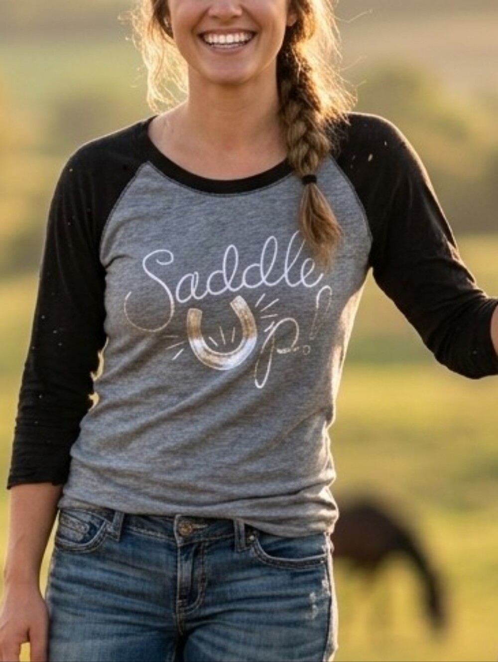 Ariat NEW "Saddle up" Women's Raglan 3/4 sleeve tee horse shoe western cowboy S